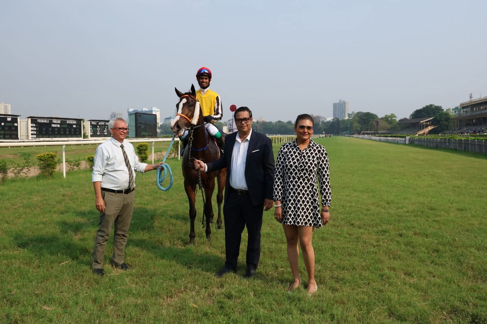 In the winner's enclosure at the racecourse