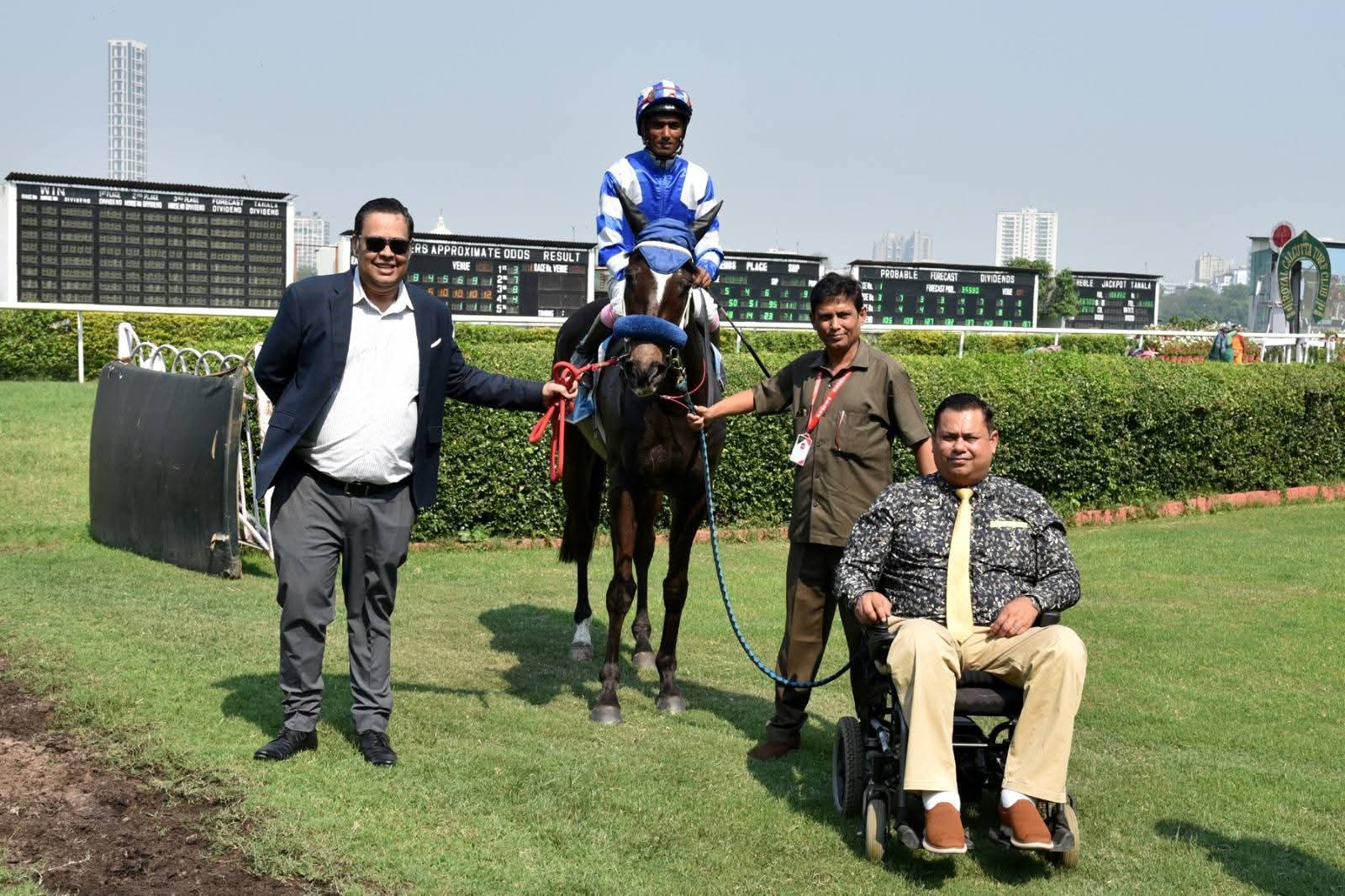 In the winner's enclosure after a race win