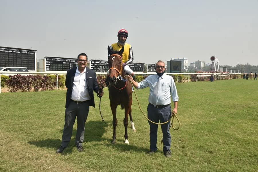 In the winner's enclosure with a winning horse